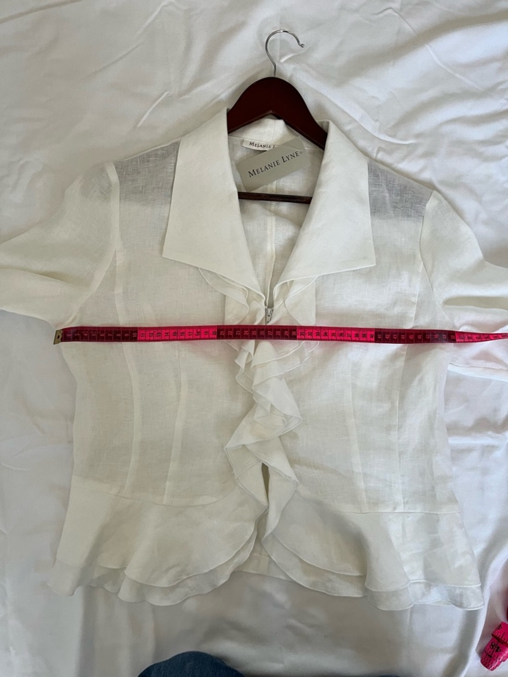 NWT Melanie Lyne 100% Linen Ruffle Jacket | White | Waterfall Front | Bell Cuff - Picture 7 of 9